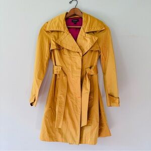 Bebe Retro Yellow Gold Mini Button Front Trench Coat w/ Hot Pink Lining Size XS